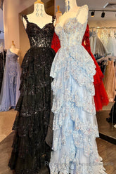 Off the Shoulder Light Blue Appliques Tiered Semi Formal Prom Gown